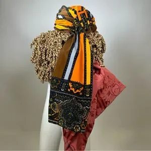60’s Yves Saint Laurent Volk Dallas Headscarf Printed Yellow Orange Diameter 21\